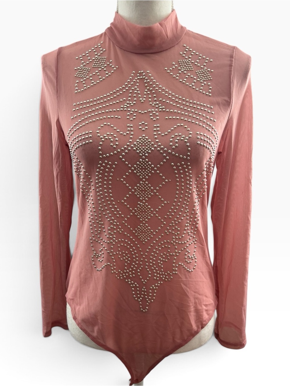 iris Dusty Rose Studded Mock Neck Mesh Long-Sleeve Bodysuit